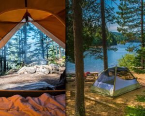 Split image showing: Left - interior view from a tent looking out at a forest campsite with a smoky campfire. Right - an outdoor tent pitched on sand near a clear blue lake surrounded by tall pine trees.
