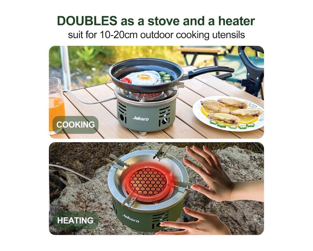 A Jekaro portable camping stove shown performing two functions: cooking an egg in a frying pan on a wooden table, and radiating heat as a heater with hands warming over its red glowing surface. The stove is suitable for 10-20cm outdoor cooking utensils.