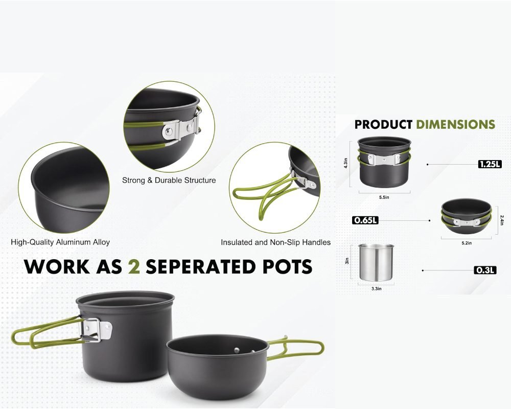 A multi-panel image displaying a camping cookware set highlighting its features and dimensions. It shows the strong & durable structure of the high-quality aluminum alloy pots, insulated and non-slip green handles. The set works as two separated pots with product dimensions: a 1.25L pot (4.3in high, 5.5in diameter), a 0.65L pot (2.4in high, 5.2in diameter), and a 0.3L stainless steel mug (3in high, 3.3in diameter).