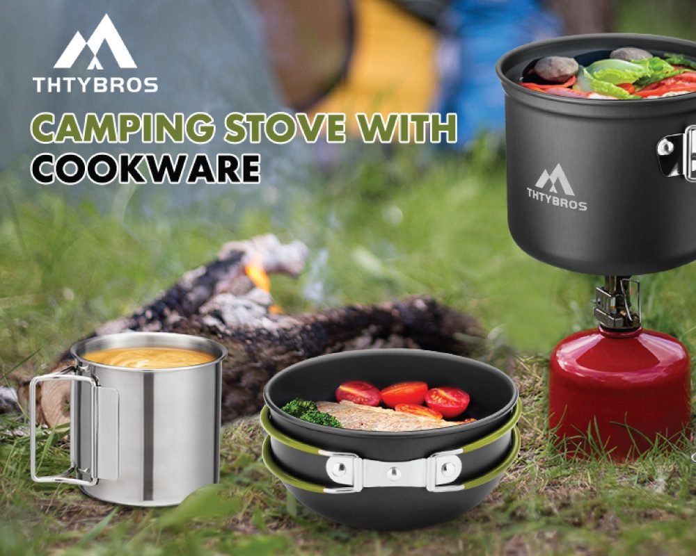 A "THTYBROS" camping stove with cookware set displayed in an outdoor setting with a campfire in the background. The set includes a pot with food on a red gas stove, a bowl with food, and a stainless steel mug with a beverage. Text overlays read "THTYBROS CAMPING STOVE WITH COOKWARE".