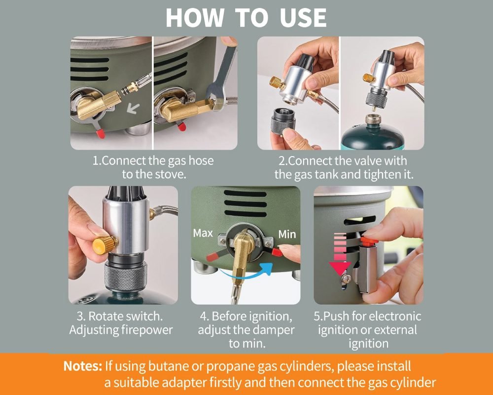 A step-by-step guide on "HOW TO USE" a portable camping stove. It illustrates connecting the gas hose to the stove, connecting the valve to the gas tank, rotating the switch for firepower adjustment, adjusting the damper before ignition, and pushing for electronic or external ignition. A note advises using a suitable adapter for butane or propane gas cylinders.