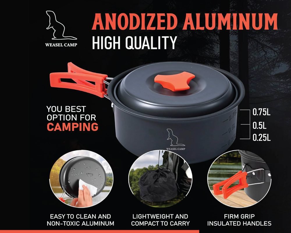A "WEASEL CAMP" portable camping cookware set, made of anodized aluminum, featuring a pot with orange insulated handles and volume markings (0.25L, 0.5L, 0.75L). Below are three circular images highlighting its features: easy to clean non-toxic aluminum, lightweight and compact for carrying in a bag, and firm grip insulated handles. The background is a forest scene.