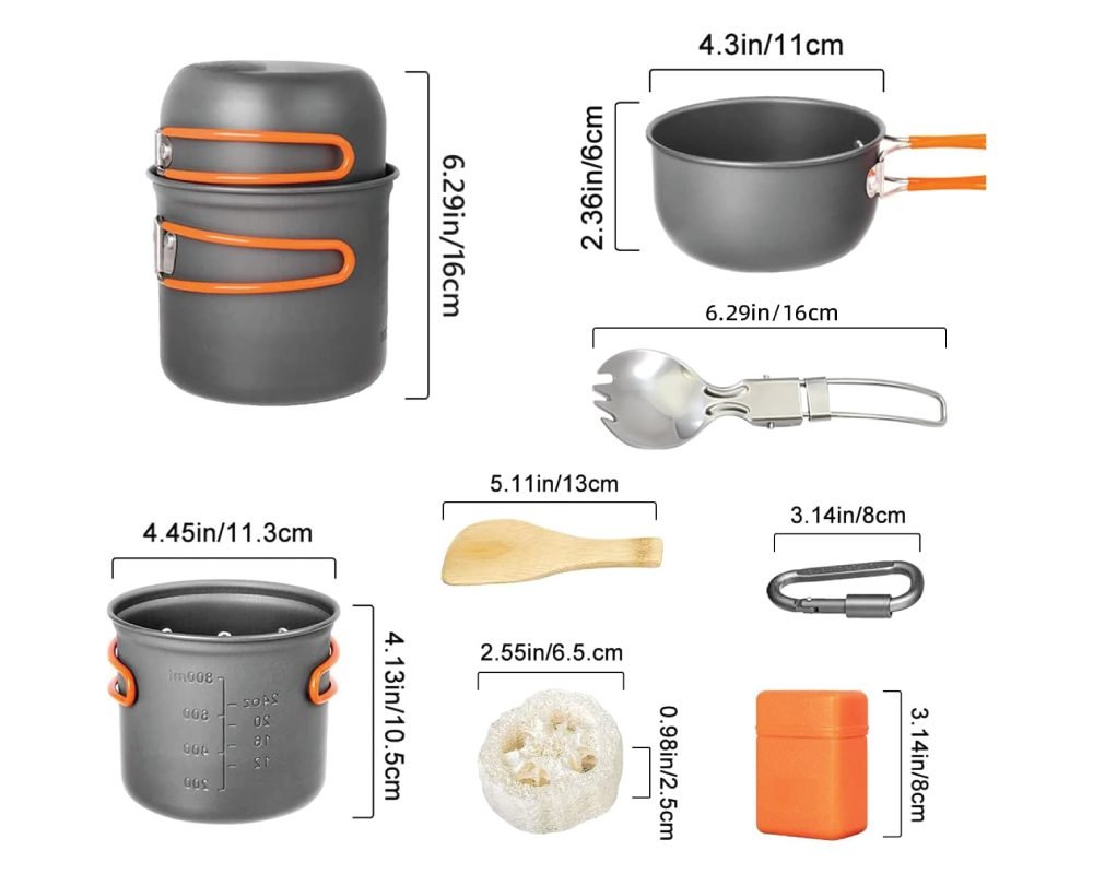 A detailed diagram showing the dimensions of various components of a portable camping cookware set. It includes the stacked pots (6.29in/16cm high), a single pot (4.3in/11cm diameter, 2.36in/6cm high), a larger pot with measurements (4.45in/11.3cm diameter, 4.13in/10.5cm high), a folding spork (6.29in/16cm long), a wooden spoon (5.11in/13cm long), a loofah sponge (2.55in/6.5cm long, 0.98in/2.5cm wide), a carabiner (3.14in/8cm long), and an orange stove storage box (3.14in/8cm high).