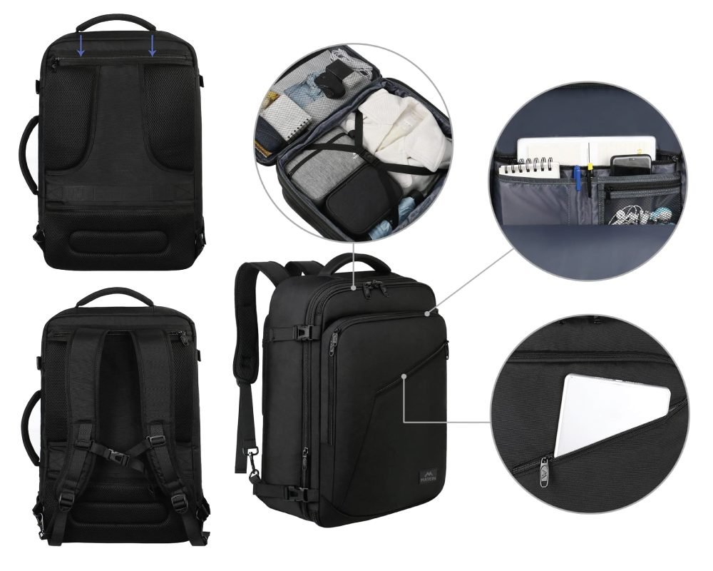 A black Matein carry-on backpack with multiple pockets and compartments, showcasing its back design, an open main compartment for packing clothes, a top pocket for small items, and a side pocket for a tablet.