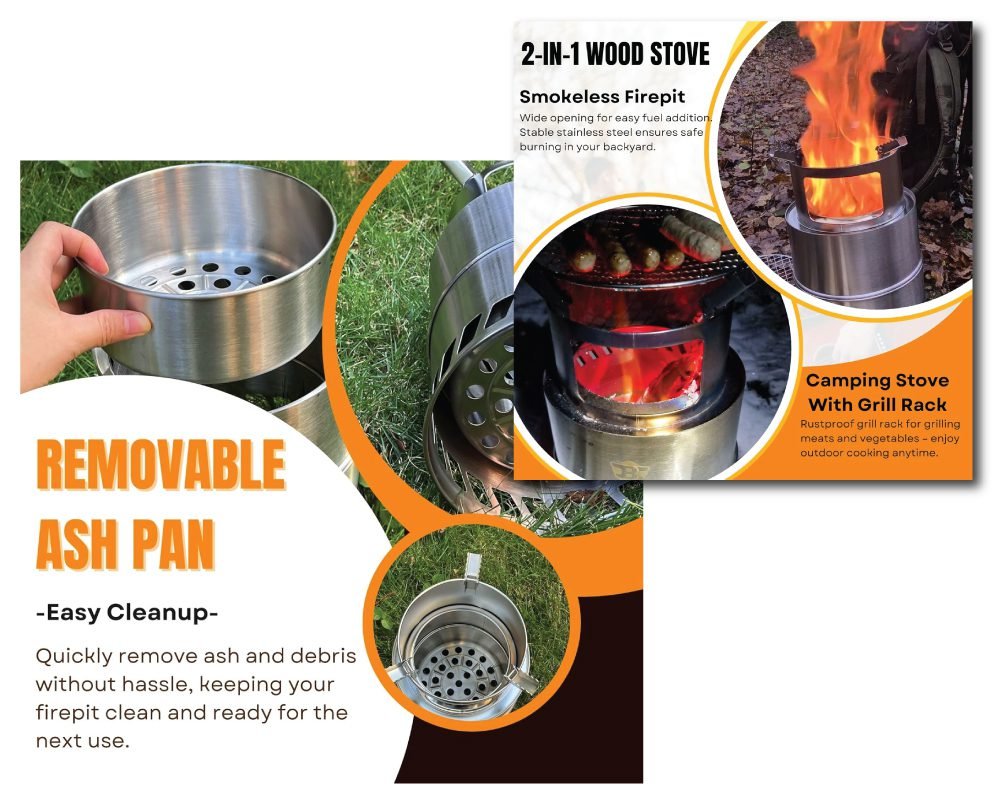 A multi-panel image showcasing a 2-in-1 wood stove that functions as a smokeless fire pit and a camping stove with a grill rack. It highlights a removable ash pan for easy cleanup, and shows the stove in use with fire and cooking food, all made from stable stainless steel.