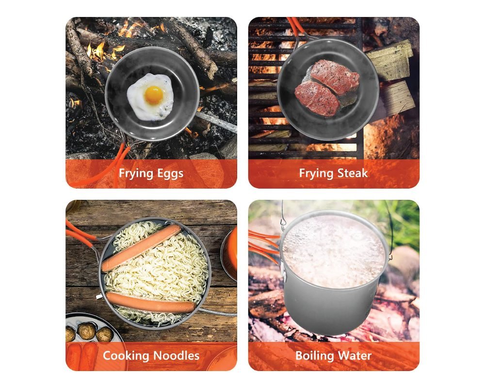 A four-panel collage demonstrating the versatility of camping cookware. Top left: Frying an egg in a pan over a campfire. Top right: Frying two steaks in a pan over a grill. Bottom left: Cooking noodles and sausages in a pot. Bottom right: Boiling water in a hanging pot over a fire.