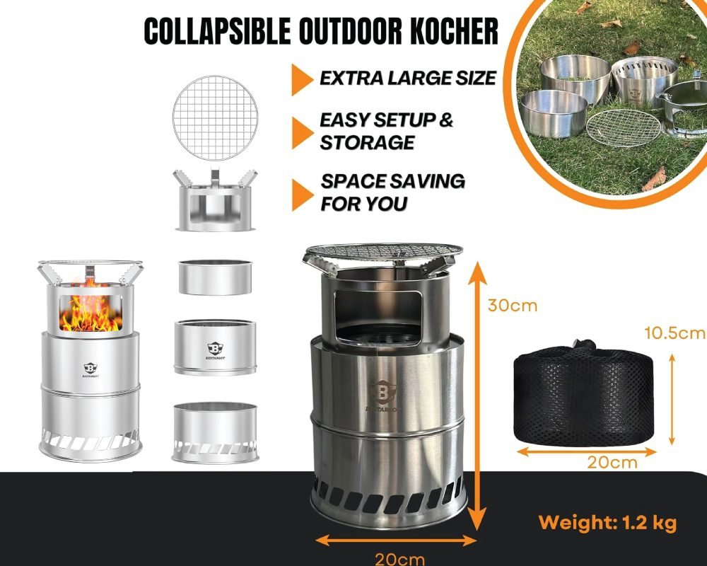 A "Collapsible Outdoor Kocher" (stove/fire pit) made of stainless steel. The image displays its components, an assembled view with a fire, an assembled view with a grill and measurements (30cm height, 20cm diameter), and a packed mesh bag (20cm x 10.5cm). Text highlights "EXTRA LARGE SIZE", "EASY SETUP & STORAGE", and "SPACE SAVING FOR YOU". The total weight is 1.2 kg.