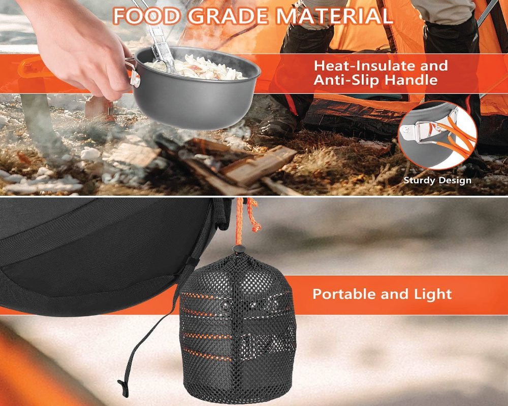 Top image shows a person holding a gray camping pot filled with food over a fire, with text "FOOD GRADE MATERIAL" and "Heat-Insulate and Anti-Slip Handle" along with a close-up of a sturdy handle design. The bottom image shows a black mesh bag containing the stacked camping pots, hanging from a backpack, with text "Portable and Light