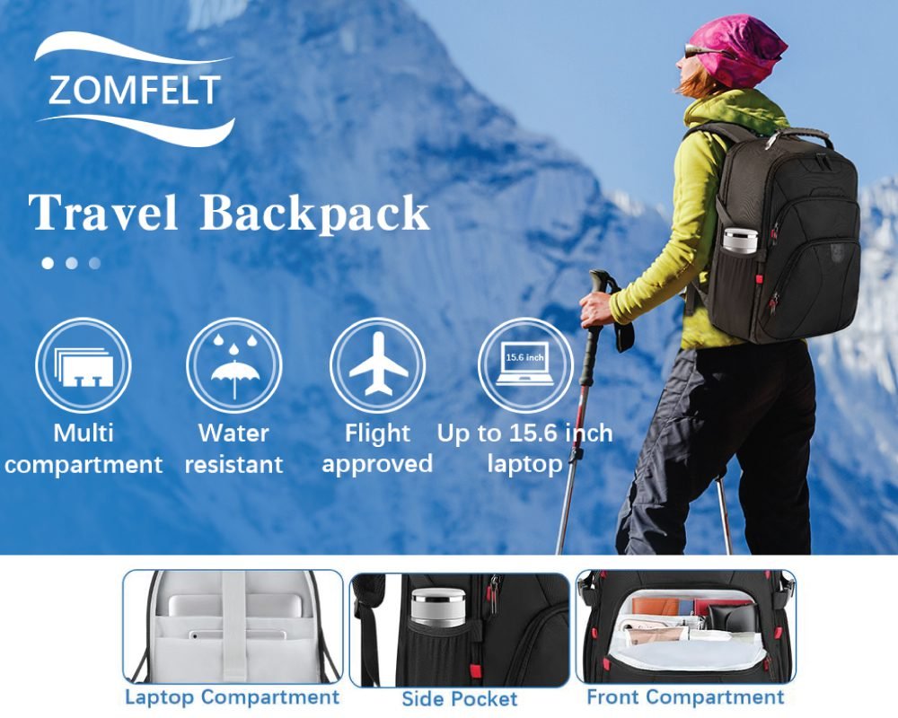 A black ZOMFELT travel backpack designed for both men and women, highlighting features like multi compartments, water resistance, flight approval, and a dedicated laptop compartment up to 15.6 inches.