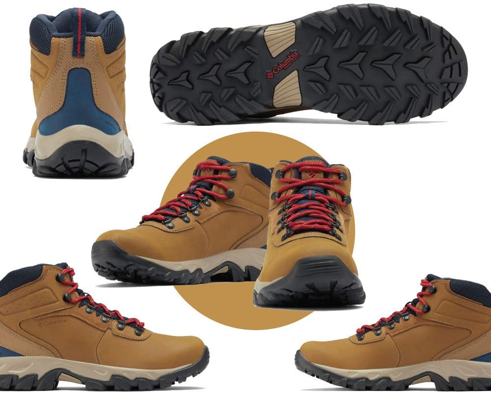 A brown Columbia hiking boot showcasing Omni-Tech waterproof and breathable fabric, Omni-Grip multi-terrain traction outsole, scratch rubber heel overlays, and authentic metal hardware.