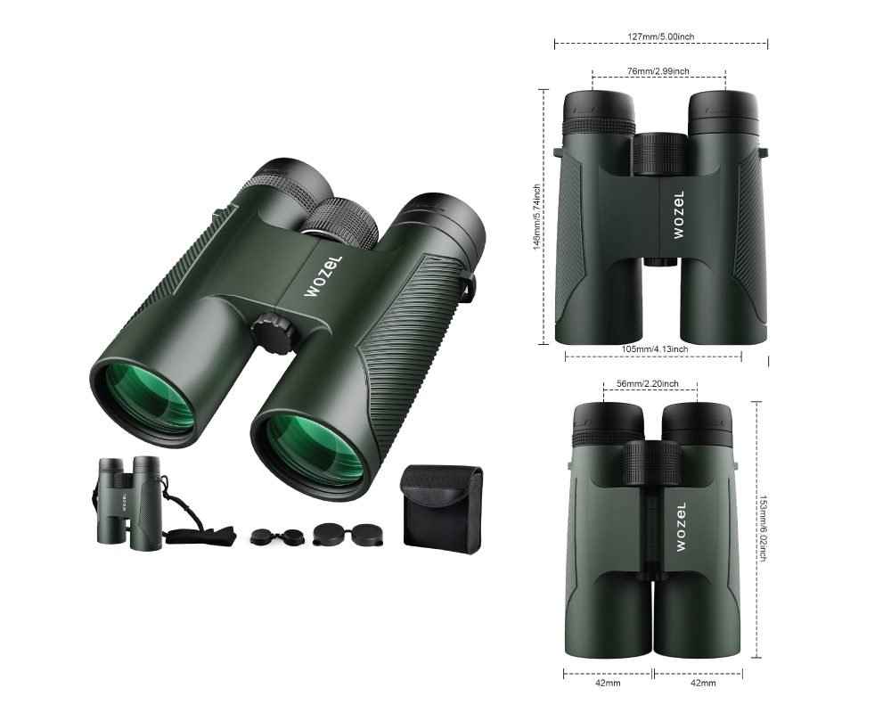 A pair of dark green WOZEL binoculars, shown from multiple angles and with detailed dimensions. Also included are accessories like lens caps, a strap, and a carrying case, all against a white background.