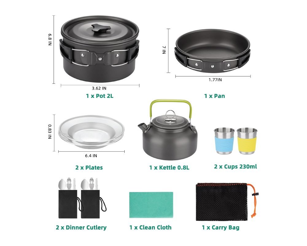 Comprehensive camping cookware set laid out, showing dimensions for a 2L pot (6.8in x 3.62in), a frying pan (7in x 1.77in), two plates (6.4in x 0.83in), a 0.8L kettle, two 230ml cups, two sets of dinner cutlery, a clean cloth, and a mesh carry bag.
