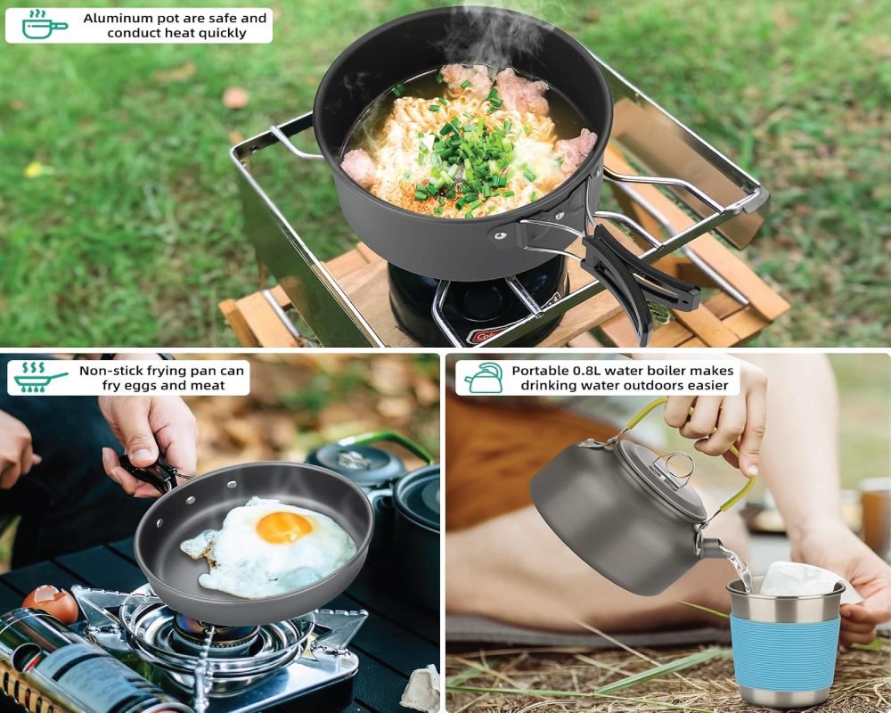 Camping cookware set in use: top shows aluminum pot cooking noodles, bottom left shows non-stick frying pan cooking an egg, and bottom right shows portable 0.8L water boiler pouring water into a mug, highlighting safe, quick heat conduction, and ease of frying.