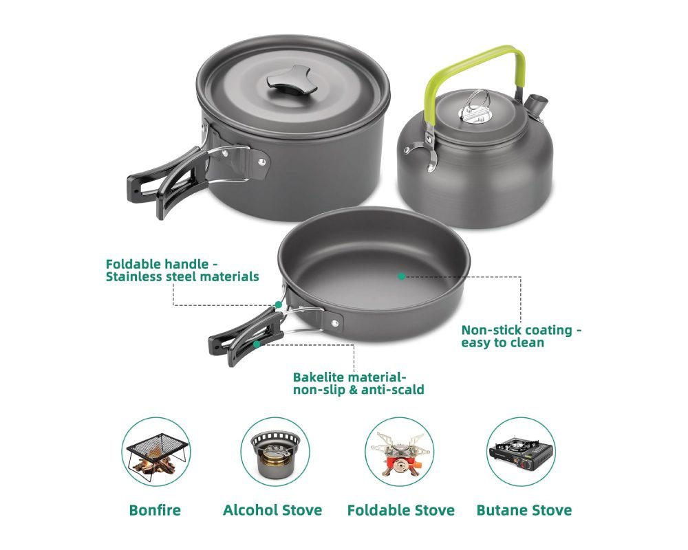 Compact camping cookware set including a pot, frying pan, and teapot, all with foldable handles made of stainless steel. The pan features a non-stick coating and bakelite non-slip, anti-scald handles. Compatible with various heat sources: bonfire, alcohol stove, foldable stove, and butane stove.
