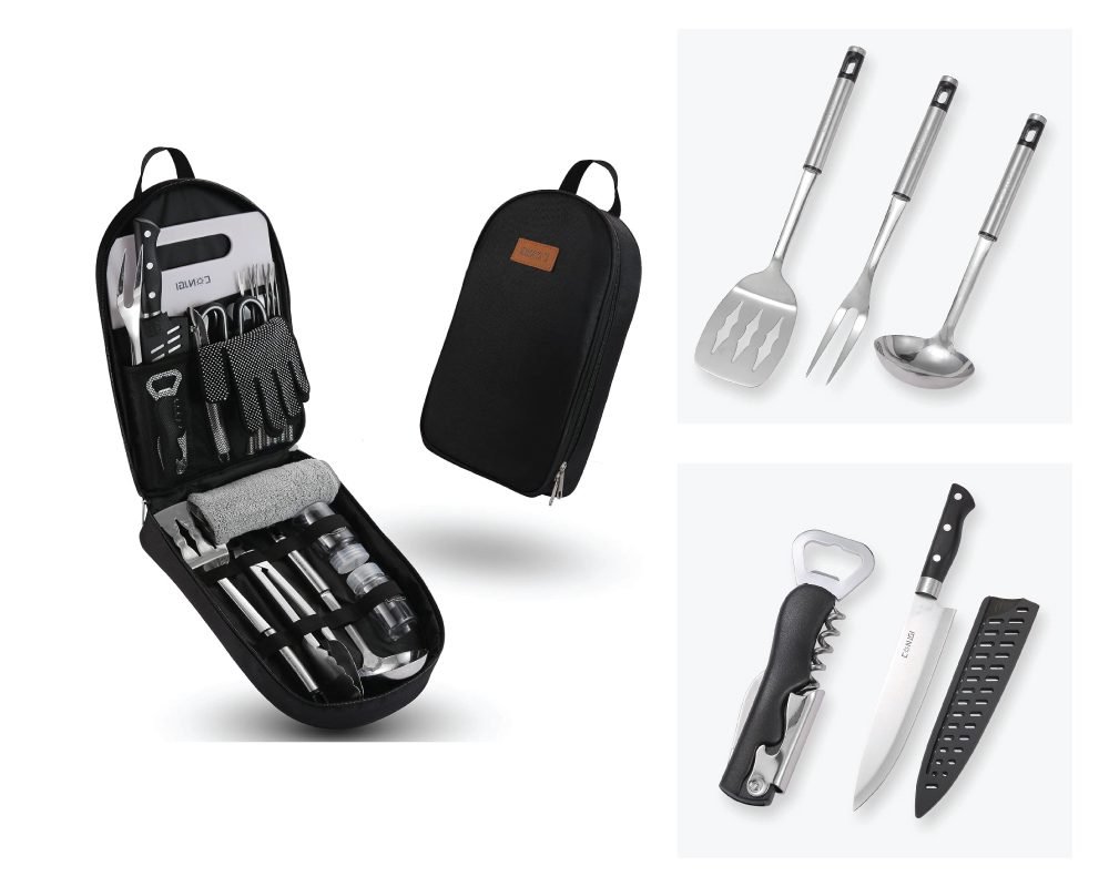 Portable camping kitchen set in a black zippered carry case, open to reveal organized stainless steel cooking utensils including a spatula, fork, ladle, knife with sheath, and bottle opener/corkscrew, highlighting key tools for outdoor cooking.