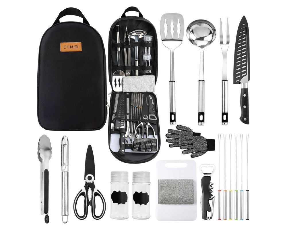 Conigi portable camping kitchen set in a black zippered case, including stainless steel spatula, ladle, carving fork, chef knife, tongs, peeler, scissors, bottle openers, cutting board, cleaning cloth, two spice shakers, five skewers, and protective gloves, all organized for outdoor cooking.
