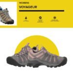 KEEN Women's Voyageur hiking shoes in both tan/blue and grey/pink colorways, highlighting features like Eco Anti-Odor, PFC-Free Water Repellency, and Closed Loop Water Treatment for sustainable and comfortable hiking.
