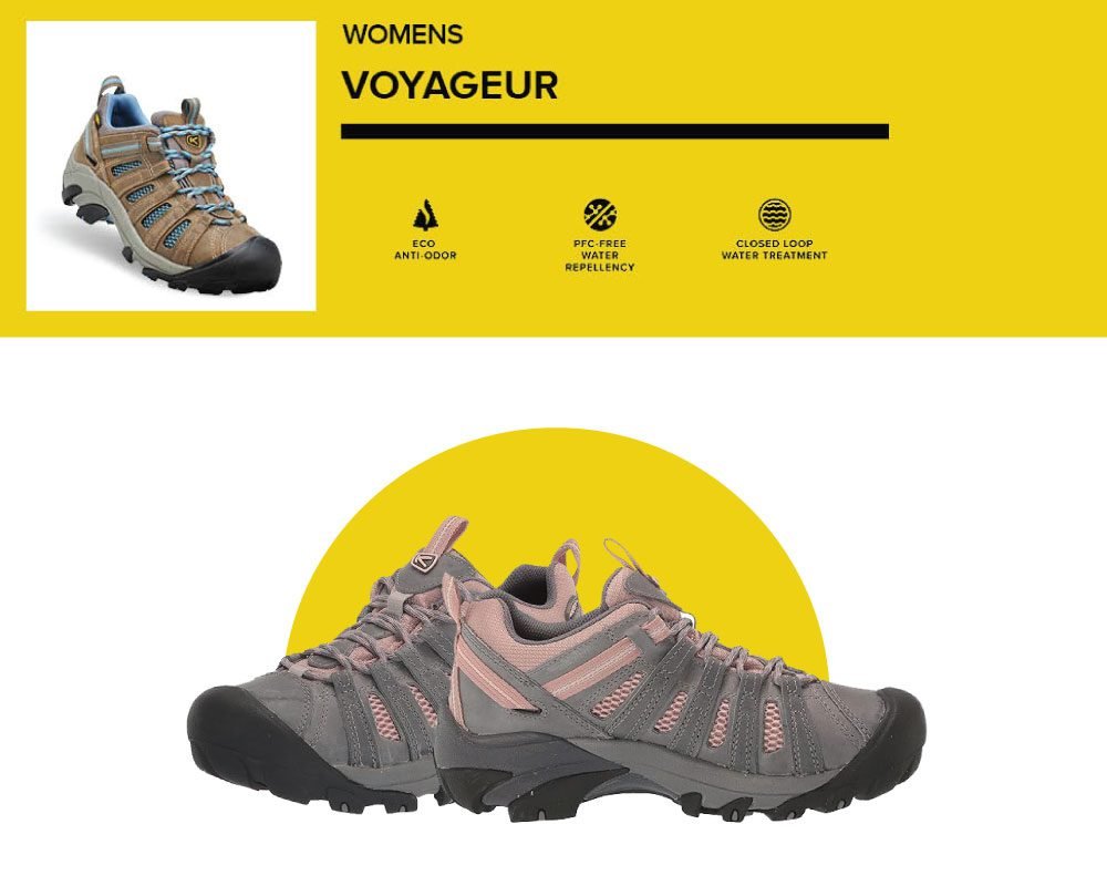 KEEN Women's Voyageur hiking shoes in both tan/blue and grey/pink colorways, highlighting features like Eco Anti-Odor, PFC-Free Water Repellency, and Closed Loop Water Treatment for sustainable and comfortable hiking.