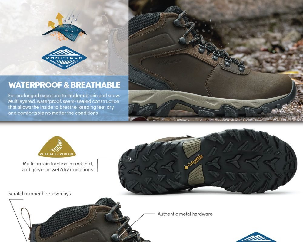 A brown Columbia hiking boot showcasing Omni-Tech waterproof and breathable fabric, Omni-Grip multi-terrain traction outsole, scratch rubber heel overlays, and authentic metal hardware.