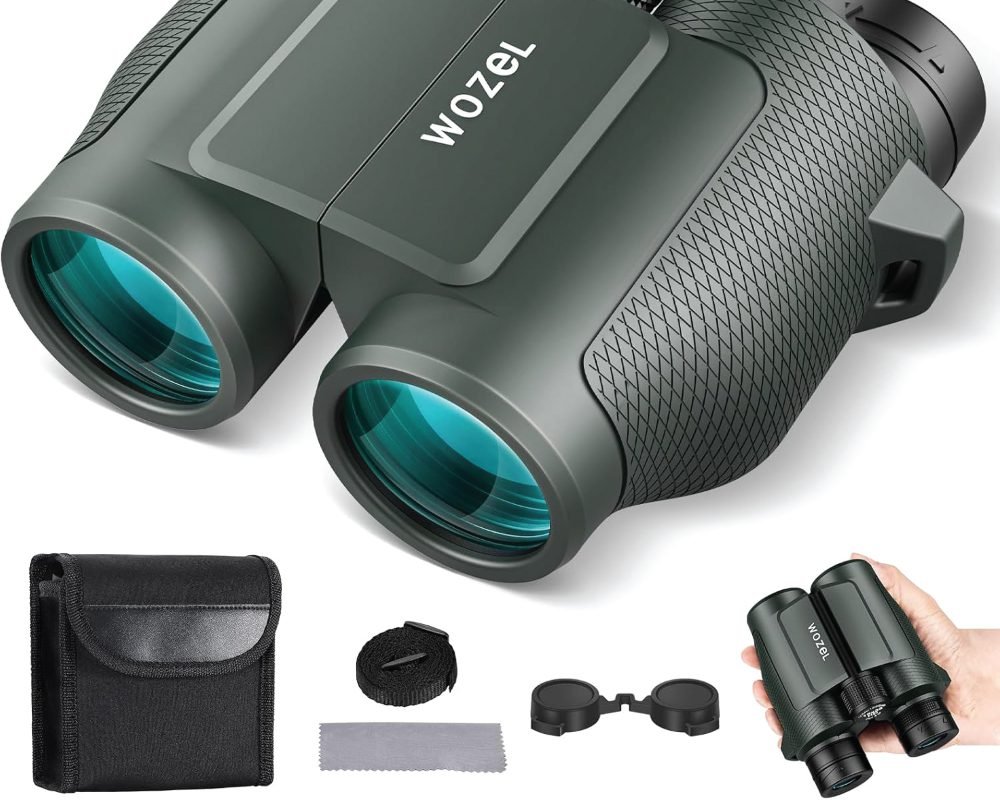 A pair of dark green WOZEL compact binoculars with bright green objective lenses, shown with a black carrying case, neck strap, lens caps, cleaning cloth, and a smaller inset image of the binoculars being held in a hand.