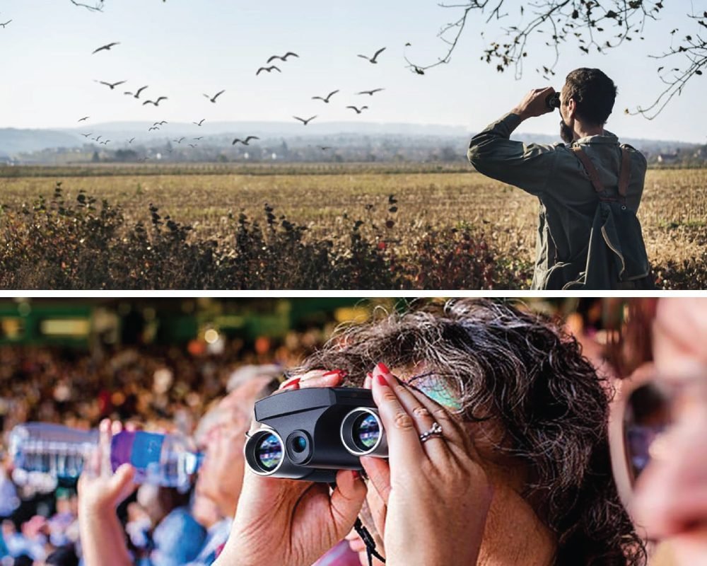 Top image: A man with a backpack stands in a field, looking through binoculars at a flock of birds flying over distant hills. Bottom image: A woman with curly hair and painted nails looks through a pair of compact black digital binoculars at a crowded event.