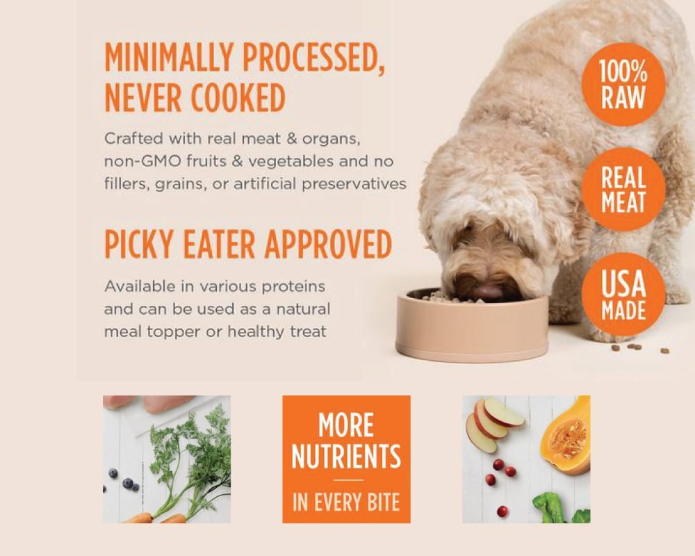 A golden doodle dog eating from a bowl, with text highlighting the dog food topper as minimally processed, never cooked, 100% raw, made with real meat, and USA made, also showing real ingredients like carrots, blueberries, apple, cranberries, and pumpkin.