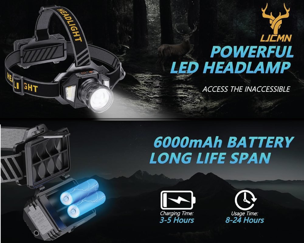 LJCMN Powerful LED headlamp in a forest setting with a deer in the background. Features include a visible 6000mAh battery for long life, showing a charging time of 3-5 hours and usage time of 8-24 hours.