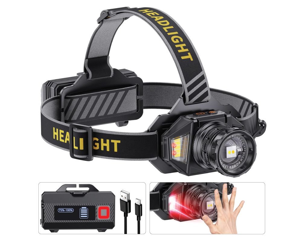 Rechargeable headlamp with adjustable elastic strap, a powerful main LED spotlight, and side yellow/white LEDs. Features include a separate battery pack with charge indicator (75%-100%), USB-A to Type-C charging cable, and demonstrated red light and hand wave induction control.
