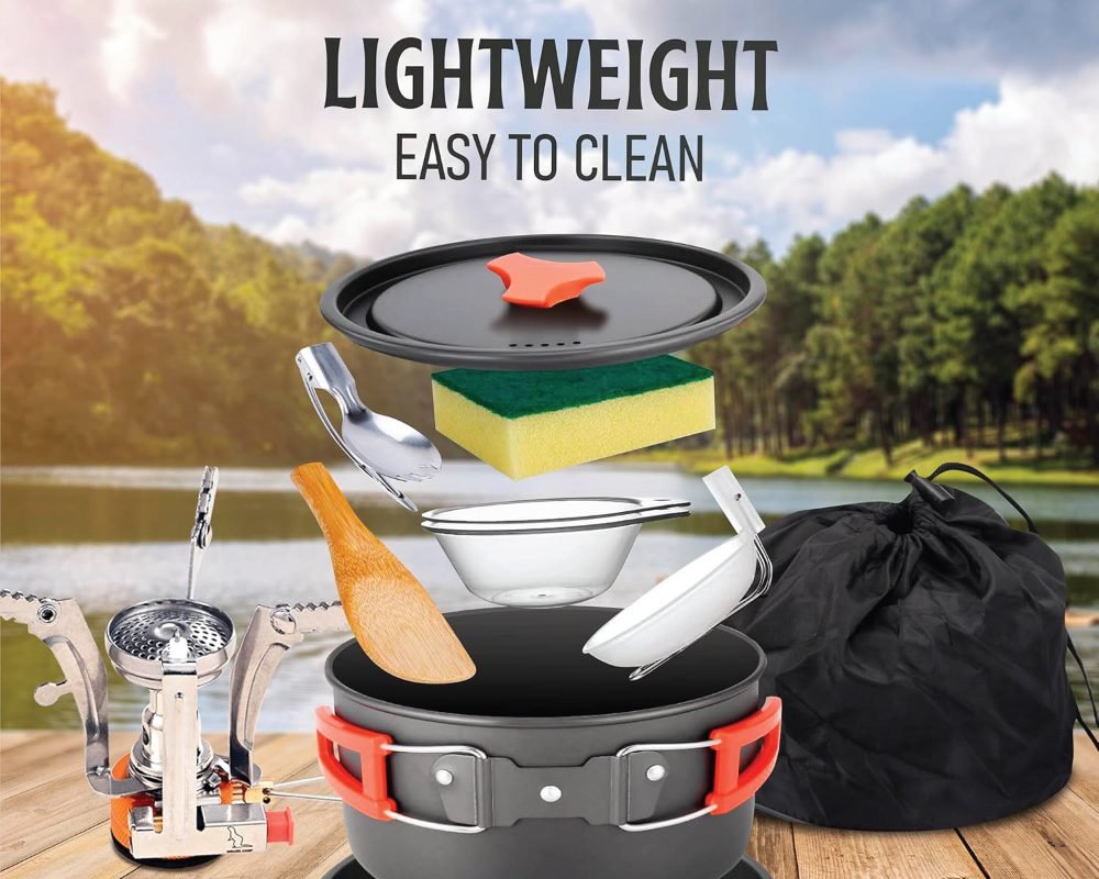 A lightweight and easy-to-clean hiking cookware set is displayed with its components seemingly floating above a main pot, against a scenic outdoor background of a lake and forest. The components include a pot with orange-handled lid, a mini stove, a sponge, a wooden spoon, a small strainer, a ladle, and a black drawstring carry bag. Text overlays read "LIGHTWEIGHT" and "EASY TO CLEAN