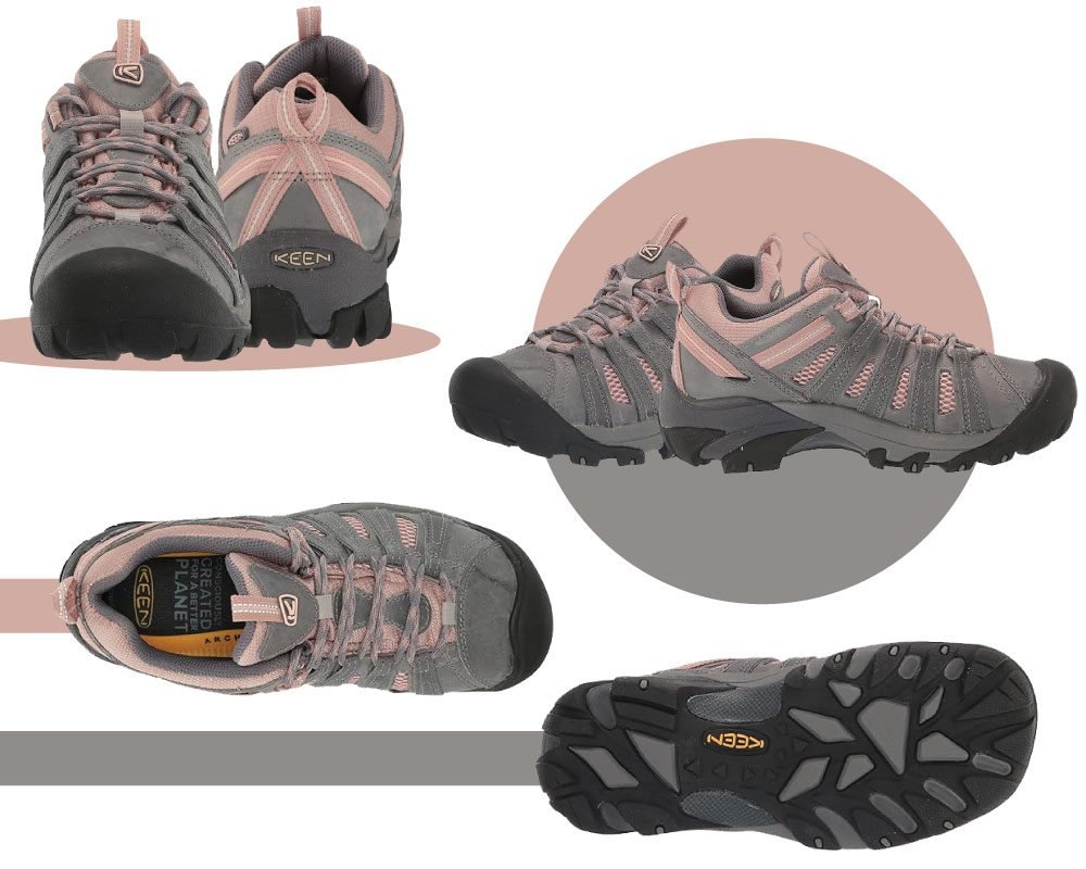 A multi-view composite of KEEN Women's Voyageur hiking shoes in grey and pink, showing front, side, top, and bottom views, highlighting the durable construction, multi-directional outsole, and the "CONSCIOUSLY CREATED FOR A BETTER PLANET" insole text.