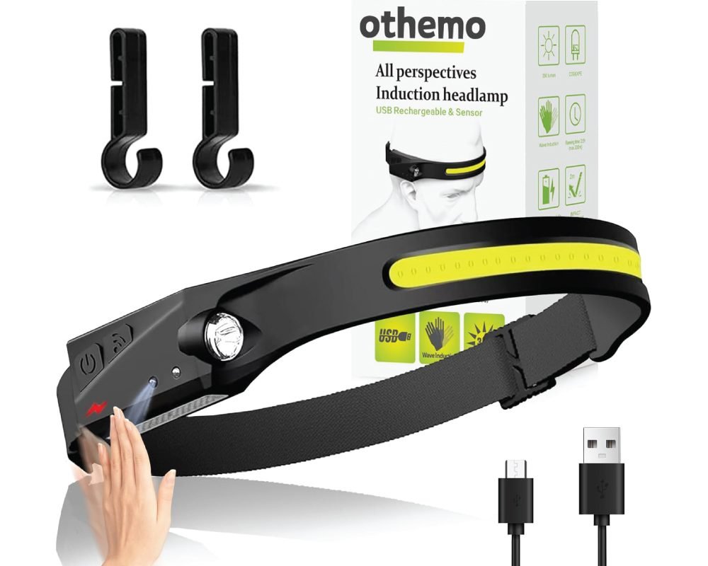 Othemo USB rechargeable induction headlamp with sensor, featuring a wide-beam LED strip, side spotlight, two helmet clips, and a USB-A to Type-C charging cable, demonstrating hand wave control.