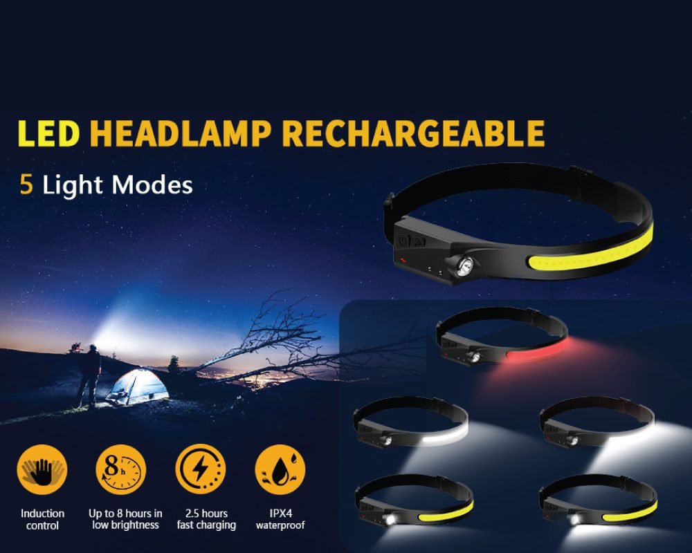 Rechargeable LED headlamp with 5 light modes, including white and red light options, featuring induction control, up to 8 hours battery life, 2.5 hours fast charging, and IPX4 waterproof rating.