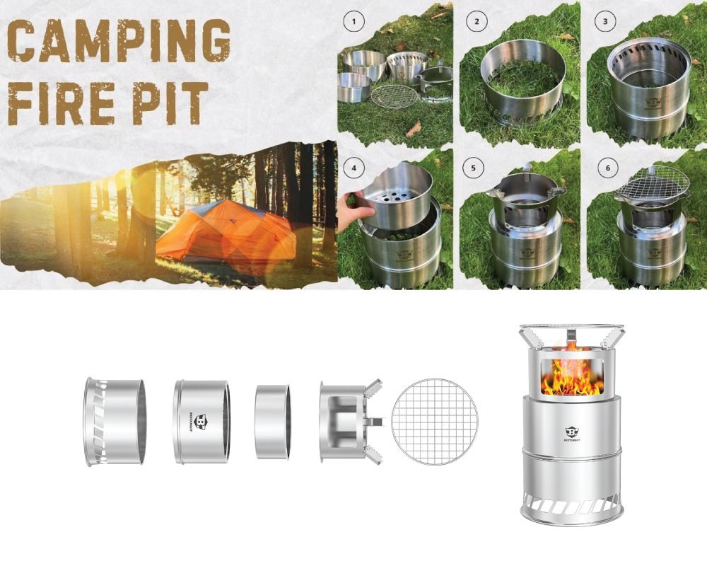 A multi-panel image showcasing a portable stainless steel camping fire pit/stove. The top left features text "CAMPING FIRE PIT" with an image of a tent in a forest. The top right shows a 6-step assembly process of the stove, building it up from rings to a complete unit with a grill. The bottom part displays an exploded view of the stove's components and a fully assembled stove with a fire burning inside.