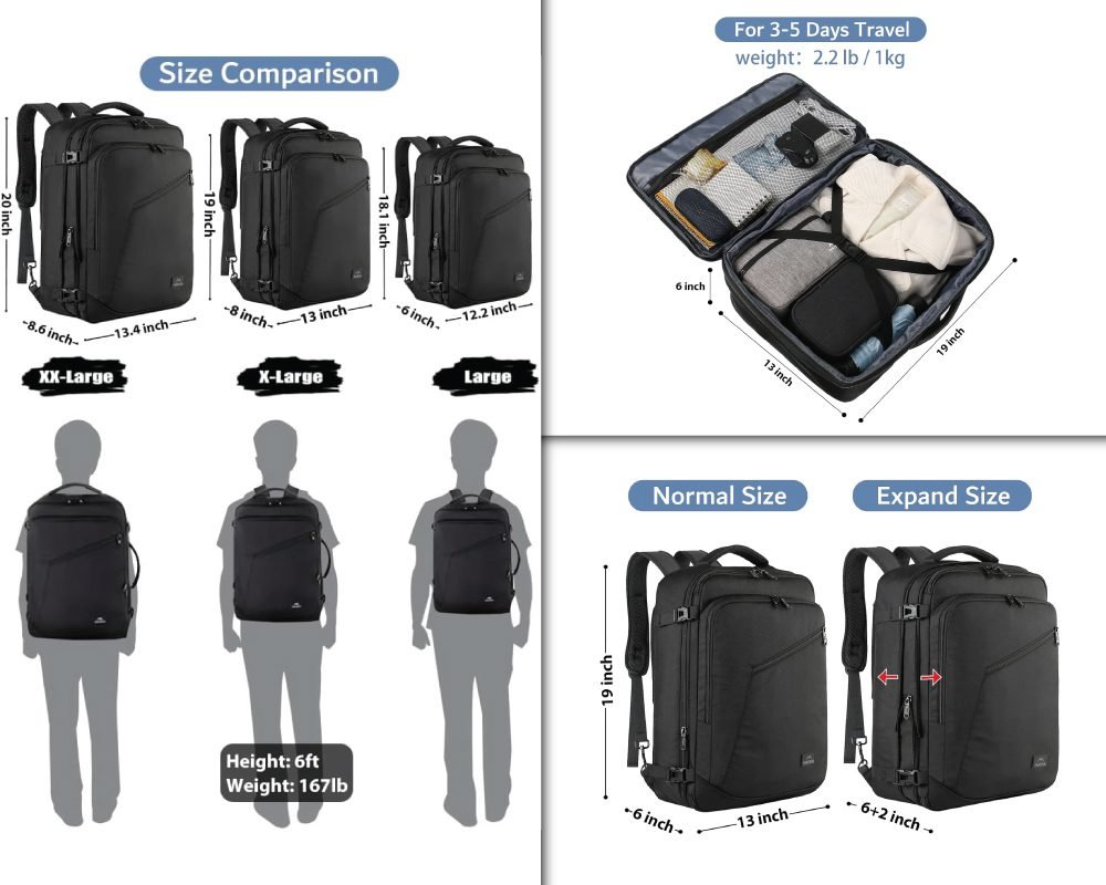 A black Matein carry-on backpack shown in XX-Large, X-Large, and Large sizes with dimensions, a packing view for 3-5 days of travel, and an expandable feature from normal to expand size.