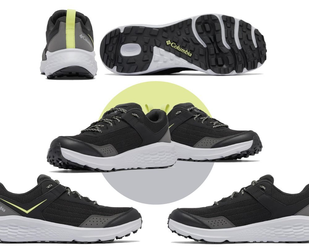 A vibrant blue Columbia trail running shoe with a white speckled midsole and a durable black outsole, featuring black and red accents and patterned laces.