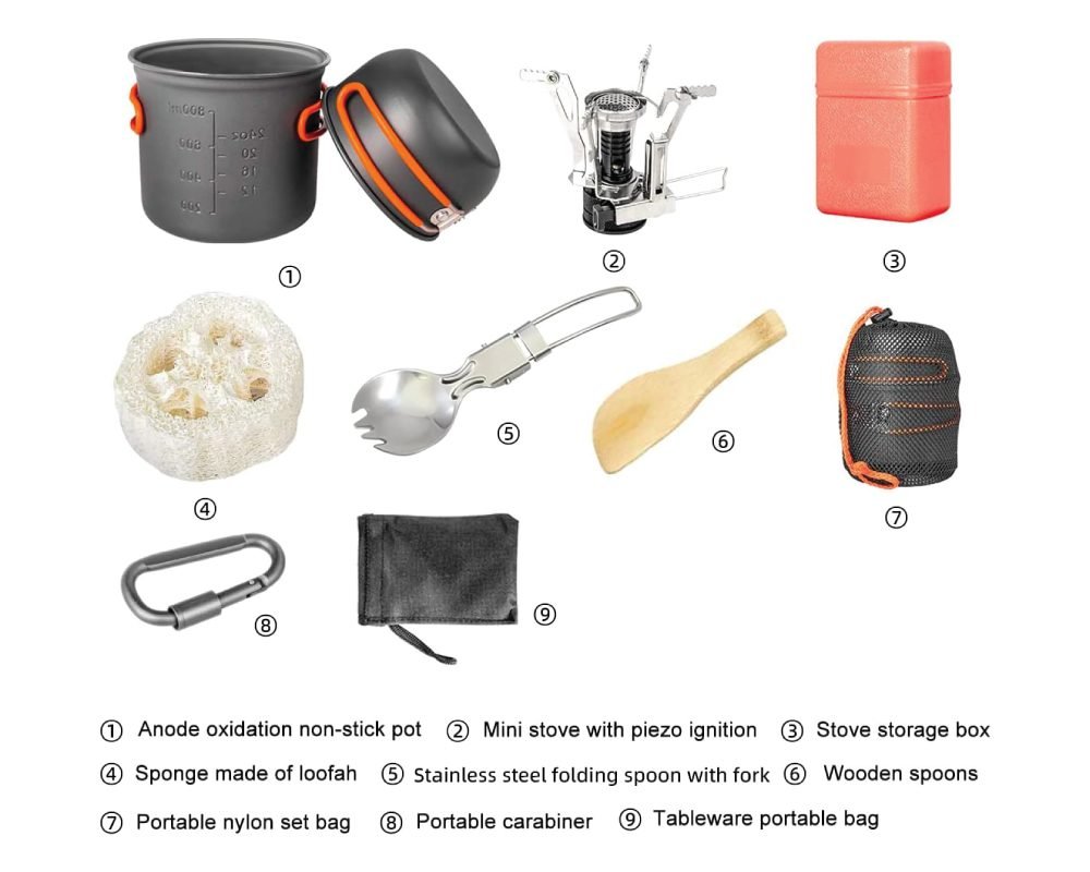 A complete portable cookware set for camping and backpacking, featuring a non-stick pot, mini stove with piezo ignition, stove storage box, loofah sponge, folding spork, wooden spoon, portable nylon set bag, carabiner, and tableware portable bag.