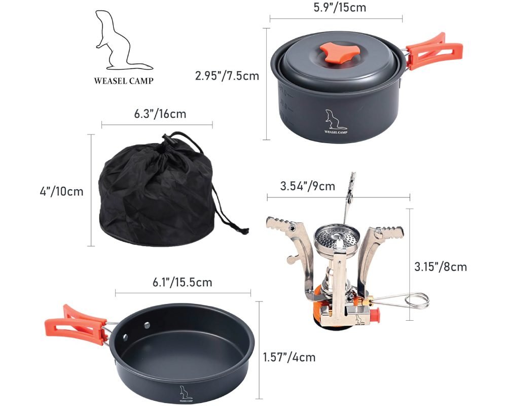 A detailed diagram showing the components and dimensions of a "WEASEL CAMP" portable cookware set. It includes a cooking pot with lid (5.9in/15cm diameter, 2.95in/7.5cm high), a frying pan (6.1in/15.5cm diameter, 1.57in/4cm high), a black drawstring storage bag (6.3in/16cm diameter, 4in/10cm high), and a mini portable camping stove (3.54in/9cm high when folded, 3.15in/8cm wide).