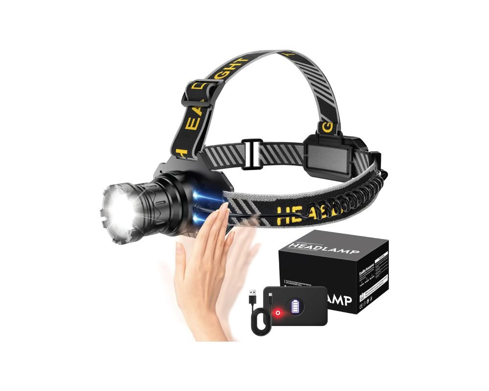 Rechargeable headlamp with adjustable strap, powerful LED light, demonstrating hand wave motion control, includes a charging cable with battery indicator, and retail packaging.