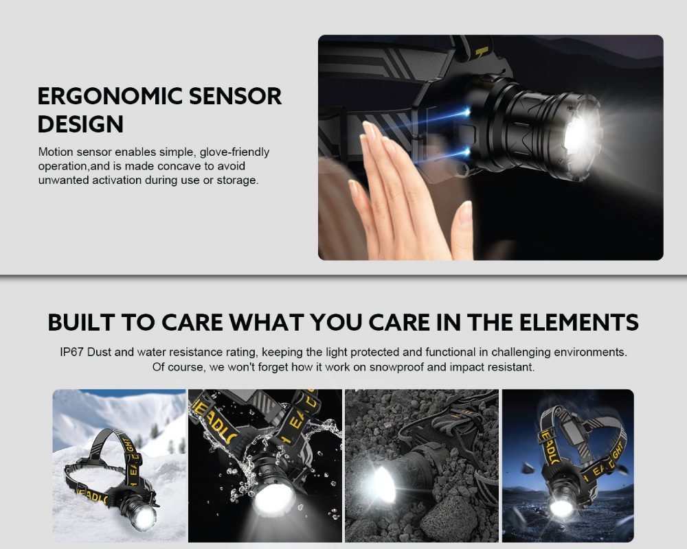 Rechargeable headlamp with ergonomic concave motion sensor design for glove-friendly operation and preventing accidental activation. Highlighted features include IP67 dust and water resistance, snowproof, and impact resistant capabilities, shown in various outdoor environments.