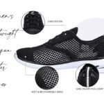 A black mesh women's lightweight aqua water shoe, with insets showing its easy on/off design, soft & breathable mesh, and easy on/off pull loop.