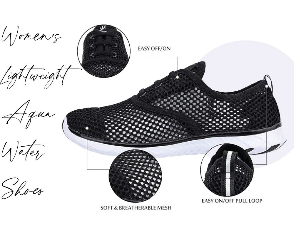 A black mesh women's lightweight aqua water shoe, with insets showing its easy on/off design, soft & breathable mesh, and easy on/off pull loop.