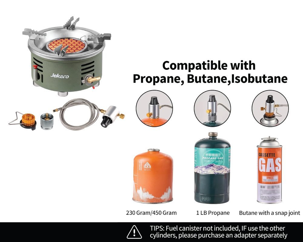 A Jekaro portable camping stove in olive green, shown with its hose adapter. The image highlights its compatibility with various fuel types: propane, butane, and isobutane. It displays different gas canisters (230g/450g, 1 LB Propane, and Cassette Gas/Butane with snap joint) and the corresponding adapters. A warning states fuel canister is not included and an adapter is needed for other cylinders.
