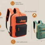An orange and black Jeep brand travel backpack with adjustable straps, a laptop sleeve, tote carrying handles, a hidden zipper, and a water bottle pocket, also showing a green variant.