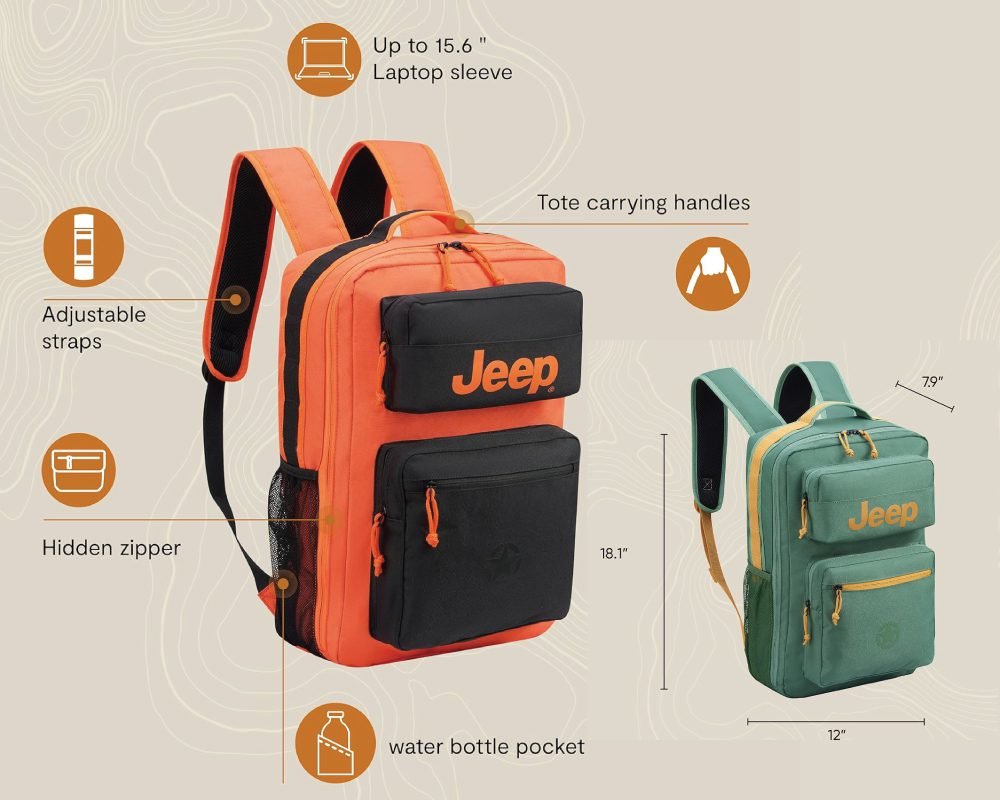 An orange and black Jeep brand travel backpack with adjustable straps, a laptop sleeve, tote carrying handles, a hidden zipper, and a water bottle pocket, also showing a green variant.