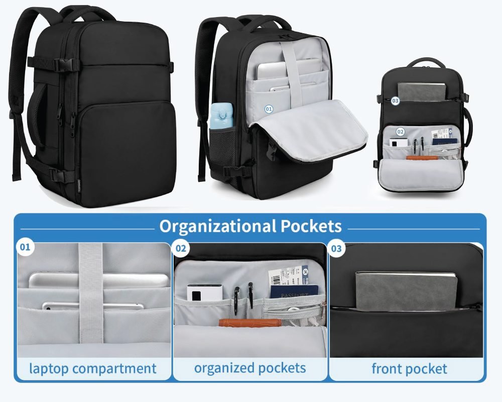 A black Matein travel backpack displaying its organizational features, including a dedicated laptop compartment, various organized pockets for accessories, and a convenient front pocket.