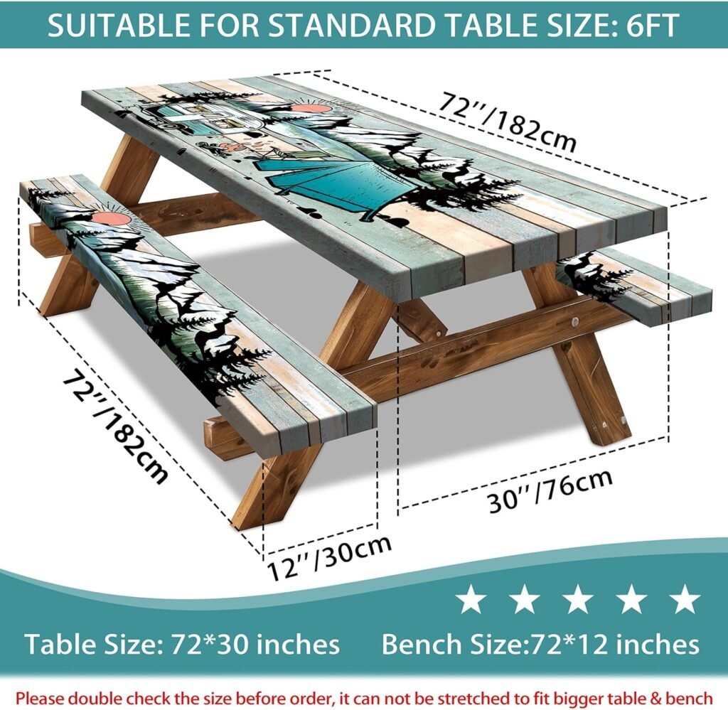 A wooden picnic table with an outdoor scene printed on a portable picnic table cover, showing measurements of 72 inches (182 cm) for both the table length and bench length, 30 inches (76 cm) for the table width, and 12 inches (30 cm) for the bench width. The text SUITABLE FOR STANDARD TABLE SIZE: 6FT and Table Size: 7230 inches, Bench Size: 7212 inches are also visible.
