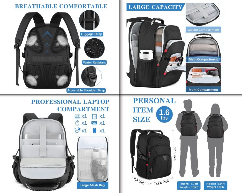 A black travel backpack detailing its features: breathable comfortable back panel with luggage strap and adjustable shoulder straps, large capacity with main and front compartments, a professional laptop compartment with mesh bag, and sizing for personal items including weight and height reference.