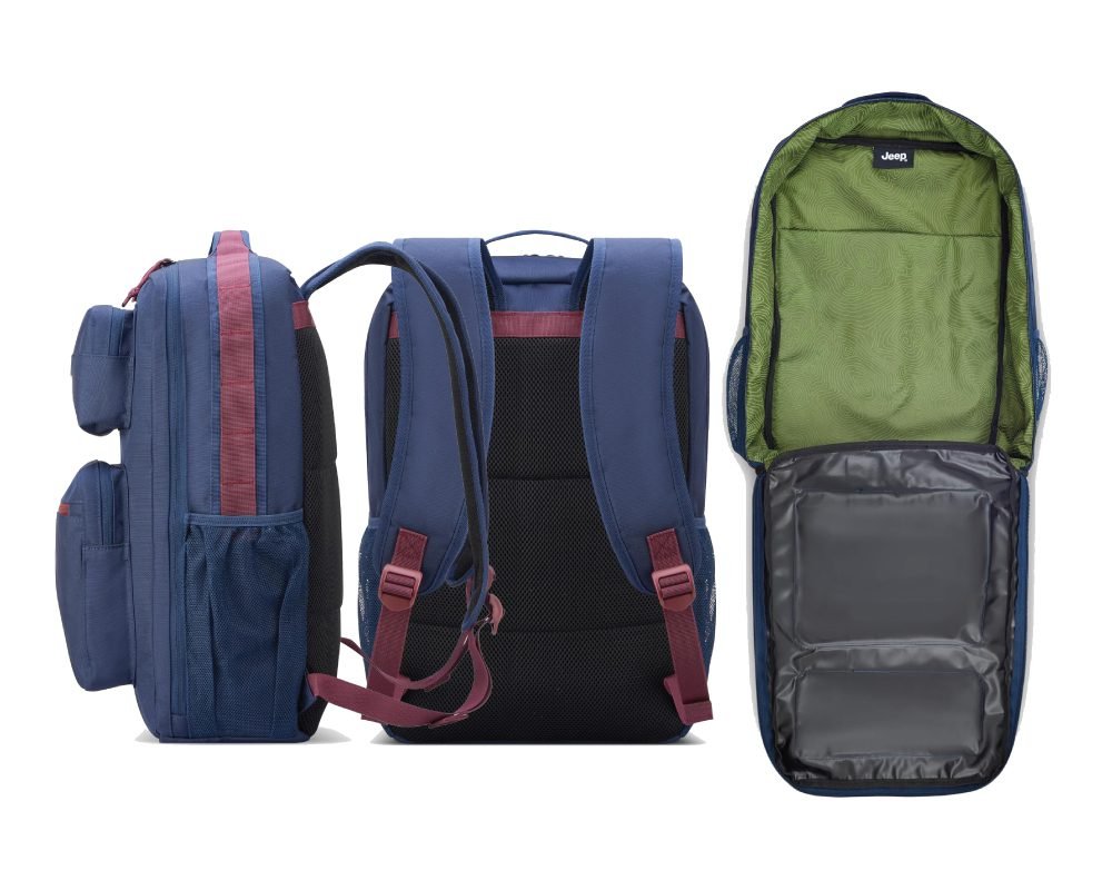 A navy blue and maroon Jeep brand travel backpack, shown from the side, back, and with its main compartment open revealing internal organization and a laptop sleeve.