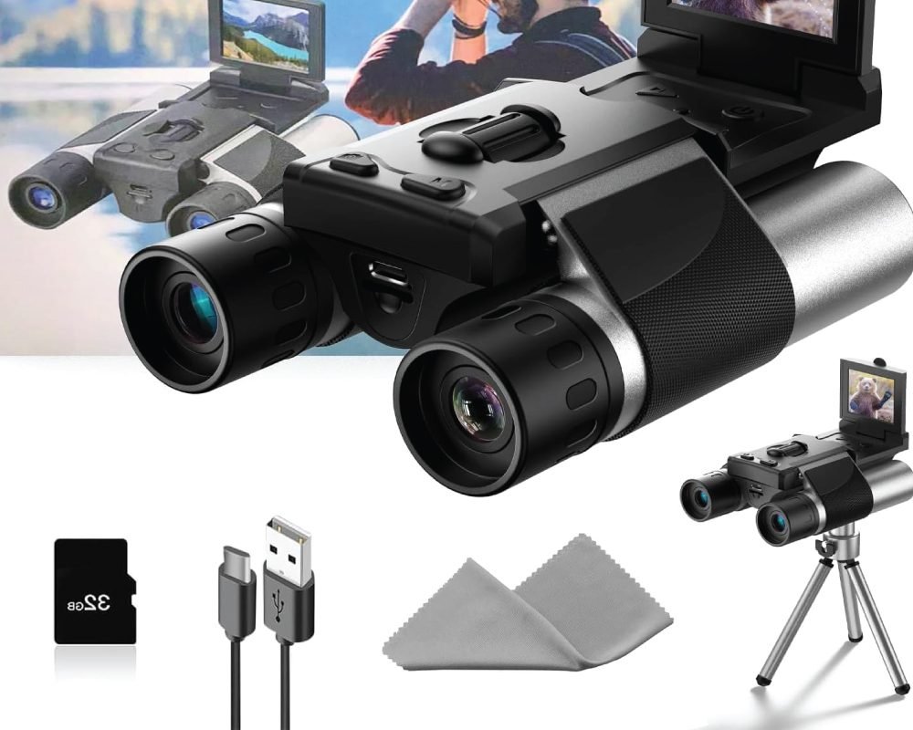 A pair of black digital binoculars with a flip-up LCD screen, shown with a micro SD card, USB-C charging cable, and cleaning cloths. Insets show the binoculars in use for birdwatching/nature observation and mounted on a tripod.