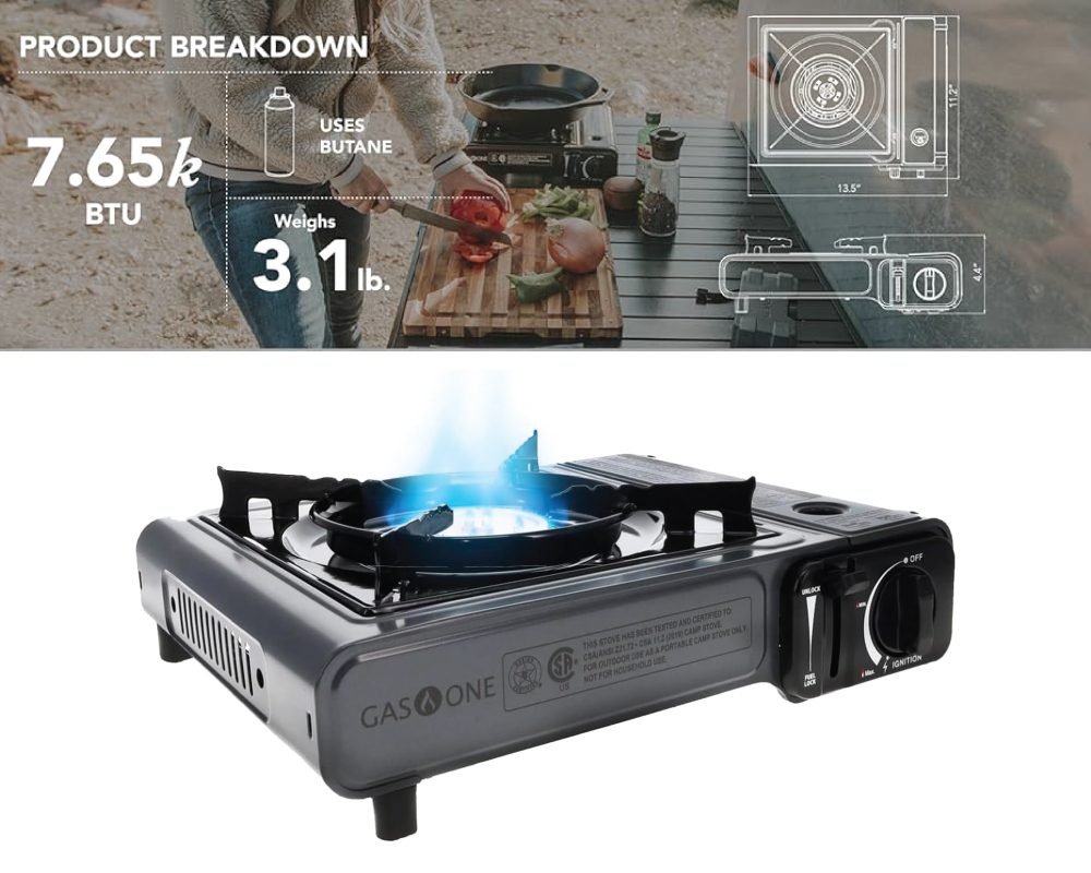 A Gas One portable butane camping stove, detailing its product breakdown with specifications like 7,650 BTU output, 3.1 lb weight, and the use of butane fuel. The top panel shows a person cooking outdoors and a diagram with dimensions (13.5" x 11.2" x 4.2"). The bottom panel shows the stove with a blue flame ignited.